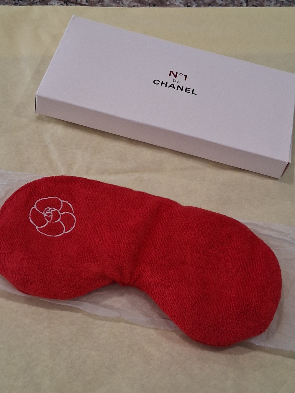 CHANEL VIP/GWP Red Plush Eye Mask with White Camellia Stitching.